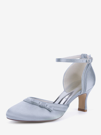 シルバー サテンキトンヒールウェディングシューズ、ラウンドトゥボウブライダルシューズ