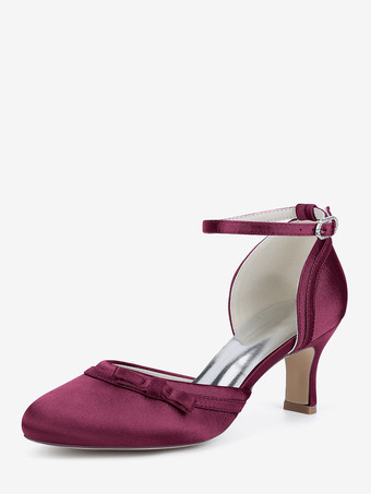 ワインレッド サテンキトンヒールウェディングシューズ、ラウンドトゥボウブライダルシューズ