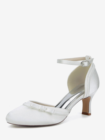アイボリーサテンキトンヒールウェディングシューズ、ラウンドトゥボウブライダルシューズ