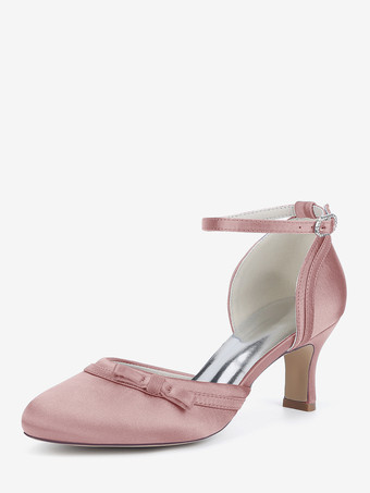 サーモンピンクサテンキトンヒールウェディングシューズ、ラウンドトゥボウブライダルシューズ