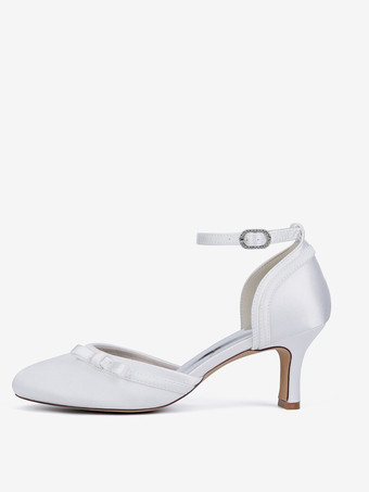 サテンキトンヒールウェディングシューズ、ラウンドトゥボウブライダルシューズ