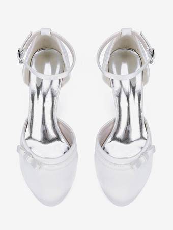 サテンキトンヒールウェディングシューズ、ラウンドトゥボウブライダルシューズ