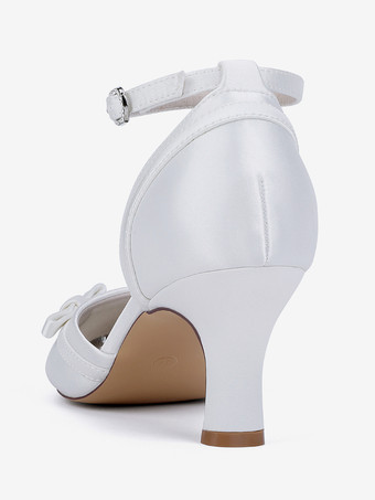 サテンキトンヒールウェディングシューズ、ラウンドトゥボウブライダルシューズ