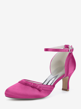 ローズレッドサテンキトンヒールウェディングシューズ、ラウンドトゥボウブライダルシューズ