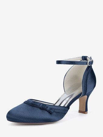 ディープブルーサテンキトンヒールウェディングシューズ、ラウンドトゥボウブライダルシューズ