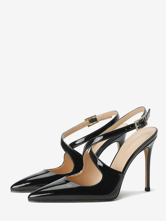 ブラック レディース ハイヒール ポインテッドトゥ クリスクロス スリングバック パンプス