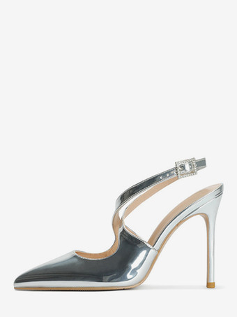 シルバー レディース ハイヒール ポインテッドトゥ クリスクロス スリングバック パンプス