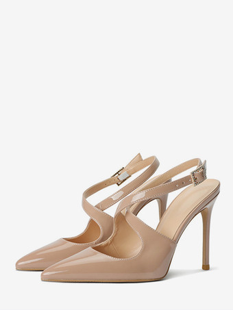 肌色レディース ハイヒール ポインテッドトゥ クリスクロス スリングバック パンプス