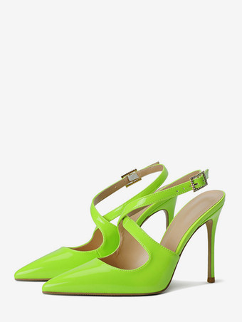 グラスグリーンレディース ハイヒール ポインテッドトゥ クリスクロス スリングバック パンプス