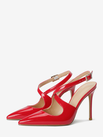 レッド レディース ハイヒール ポインテッドトゥ クリスクロス スリングバック パンプス