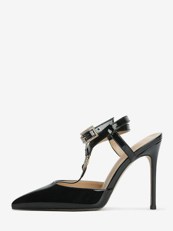 ブラック 赤いハイヒール、ポインテッドトゥ、ラインストーン、ストラップ付きパンプス（女性用）