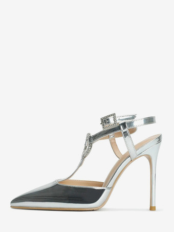 シルバー 赤いハイヒール、ポインテッドトゥ、ラインストーン、ストラップ付きパンプス（女性用）