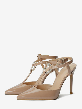 肌色赤いハイヒール、ポインテッドトゥ、ラインストーン、ストラップ付きパンプス（女性用）