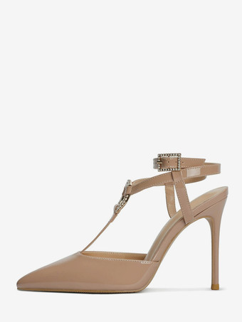 赤いハイヒール、ポインテッドトゥ、ラインストーン、ストラップ付きパンプス（女性用）