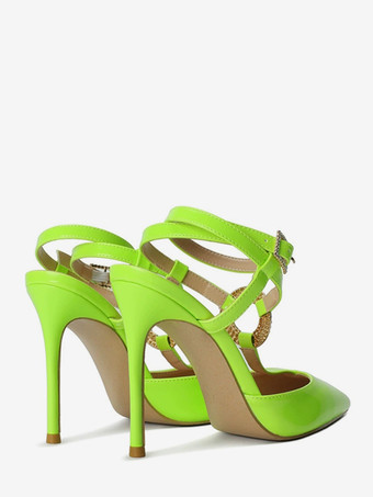 赤いハイヒール、ポインテッドトゥ、ラインストーン、ストラップ付きパンプス（女性用）