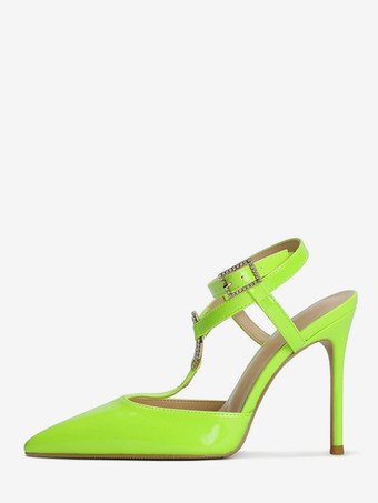 グラスグリーン赤いハイヒール、ポインテッドトゥ、ラインストーン、ストラップ付きパンプス（女性用）