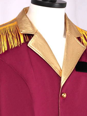 バーガンディヴィンテージポリエステルフリンジボタン長袖レトロコスチューム男性用