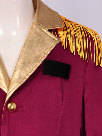 バーガンディヴィンテージポリエステルフリンジボタン長袖レトロコスチューム男性用