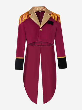 ワインレッド バーガンディヴィンテージポリエステルフリンジボタン長袖レトロコスチューム男性用