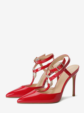 レッド 赤いハイヒール、ポインテッドトゥ、ラインストーン、ストラップ付きパンプス（女性用）