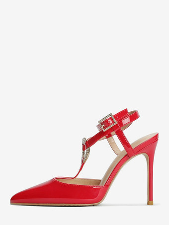 赤いハイヒール、ポインテッドトゥ、ラインストーン、ストラップ付きパンプス（女性用）