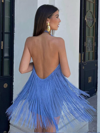 タッセルフリンジミニドレス（オープンバック、ホルターネック）2025年パーティー向け