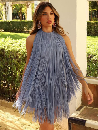 ブルー タッセルフリンジミニドレス（オープンバック、ホルターネック）2025年パーティー向け
