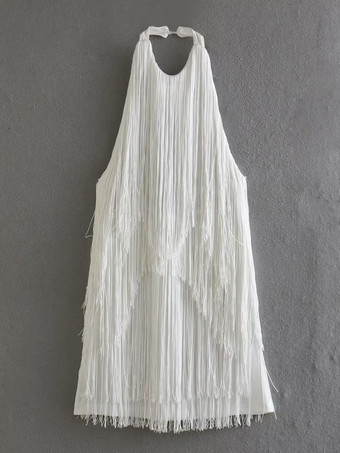 ホワイト タッセルフリンジミニドレス（オープンバック、ホルターネック）2025年パーティー向け