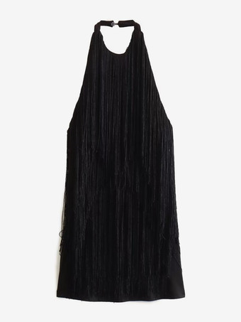 ブラック タッセルフリンジミニドレス（オープンバック、ホルターネック）2025年パーティー向け