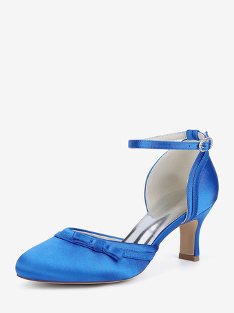 ロイヤルブルーサテンキトンヒールウェディングシューズ、ラウンドトゥボウブライダルシューズ