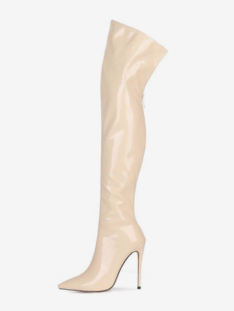 ライト アプリコットレディース ハイヒールブーツ ポインテッドトゥ ジップアップ サイハイブーツ