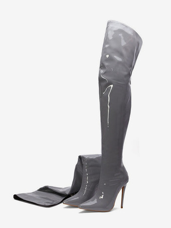 グレイレディース ハイヒールブーツ ポインテッドトゥ ジップアップ サイハイブーツ