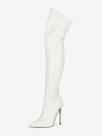 ホワイト レディース ハイヒールブーツ ポインテッドトゥ ジップアップ サイハイブーツ