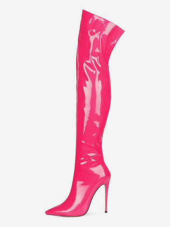 ピンクレディース ハイヒールブーツ ポインテッドトゥ ジップアップ サイハイブーツ