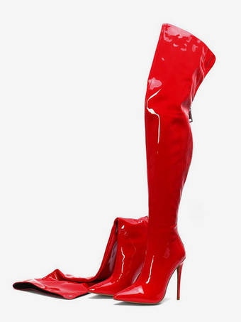 レッド レディース ハイヒールブーツ ポインテッドトゥ ジップアップ サイハイブーツ