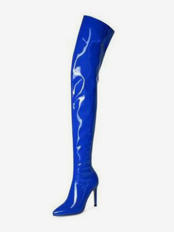 ブルー レディース ハイヒールブーツ ポインテッドトゥ ジップアップ サイハイブーツ