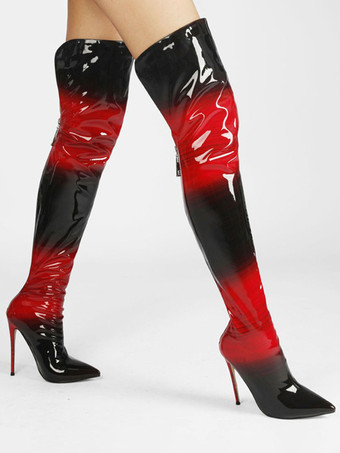 ブラック レディース ハイヒールブーツ ポインテッドトゥ ジップアップ サイハイブーツ