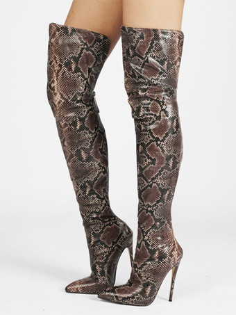 ブラウン レディースサイハイブーツ ポインテッドトゥ ハイヒール オーバーニーブーツ