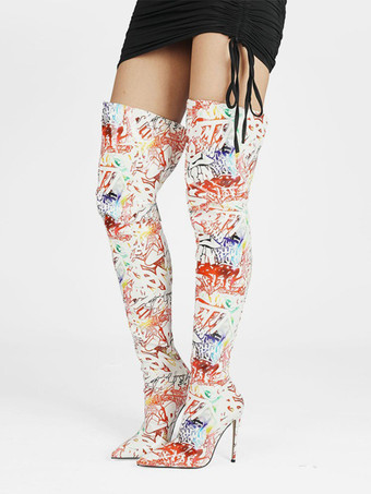 ホワイト レディースサイハイブーツ ポインテッドトゥ ハイヒール オーバーニーブーツ