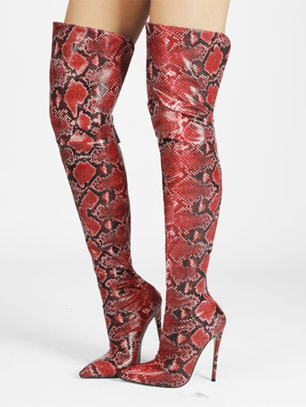 レッド レディースサイハイブーツ ポインテッドトゥ ハイヒール オーバーニーブーツ