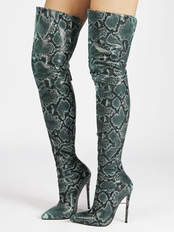 グリーン レディースサイハイブーツ ポインテッドトゥ ハイヒール オーバーニーブーツ