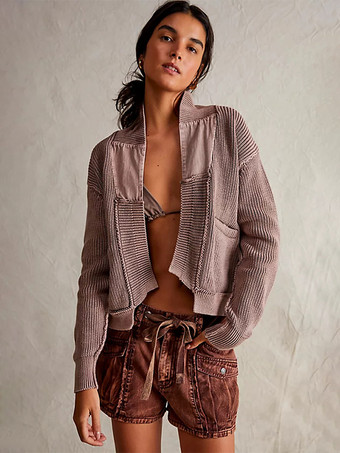 ブラウン ボヘミアン パッチワーク カーディガン ルーズフィット ショートジャケット 2025年秋