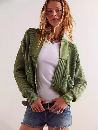 グリーン ボヘミアン パッチワーク カーディガン ルーズフィット ショートジャケット 2025年秋