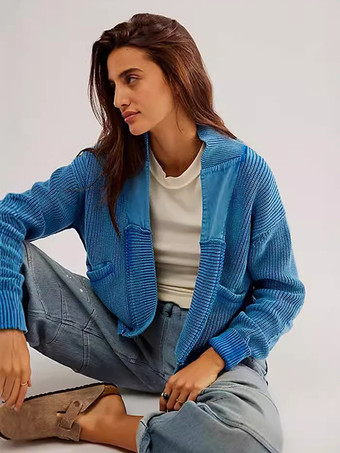 ブルー ボヘミアン パッチワーク カーディガン ルーズフィット ショートジャケット 2025年秋