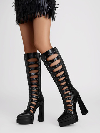 ラックニーハイブーツ プラットフォームポインテッドトゥカットアウトハイヒールサンダルブーツ