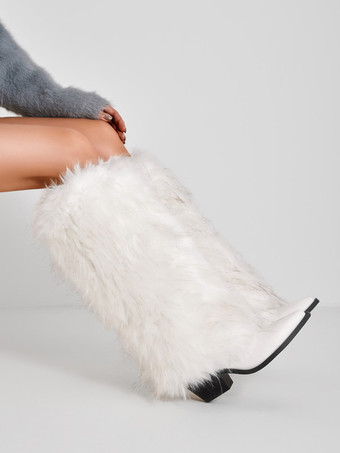 レディースフェイクファーブーツ ポインテッドトゥ チャンキーヒール ニーハイブーツ