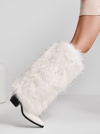 レディースフェイクファーブーツ ポインテッドトゥ チャンキーヒール ニーハイブーツ