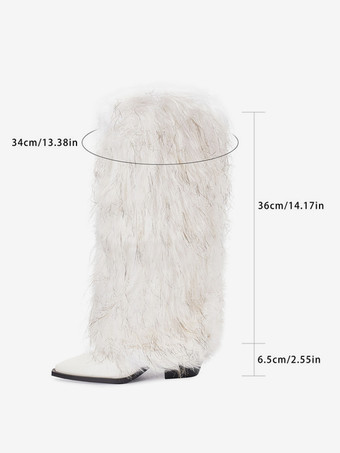 レディースフェイクファーブーツ ポインテッドトゥ チャンキーヒール ニーハイブーツ