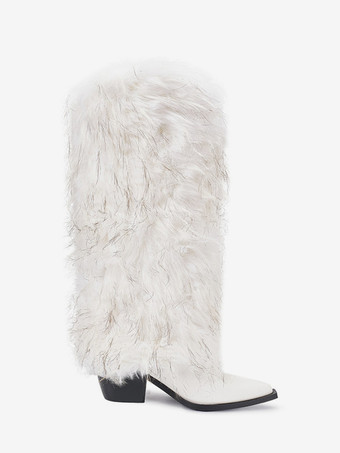 レディースフェイクファーブーツ ポインテッドトゥ チャンキーヒール ニーハイブーツ