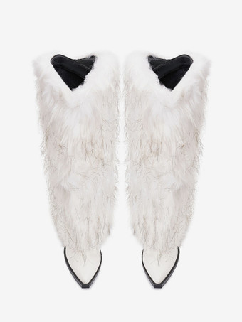 レディースフェイクファーブーツ ポインテッドトゥ チャンキーヒール ニーハイブーツ